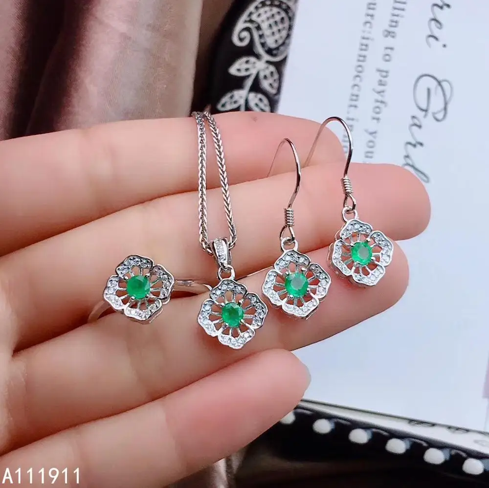 

KJJEAXCMY boutique jewelry 925 sterling silver inlaid Natural Emerald popular Ring Earring Necklace Set Support Test noble