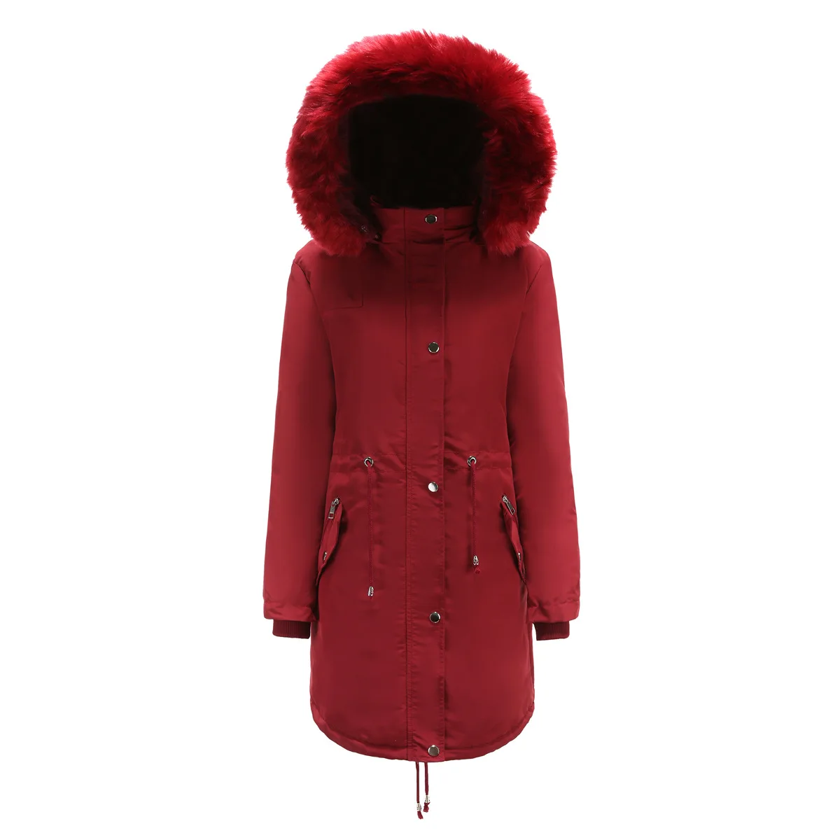 C74 Mid Length Coats For Women Removable Hooded Adjustable Waist Thicken Fleece Windproof Warm Mountain Snow Fashion Chic Jacket