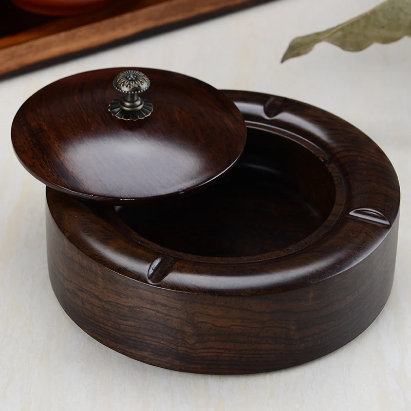 High-end Chinese Ebony Ashtray with Lid Have a slot out smoke Large Creative Wood Living Room Gift Office Q-210