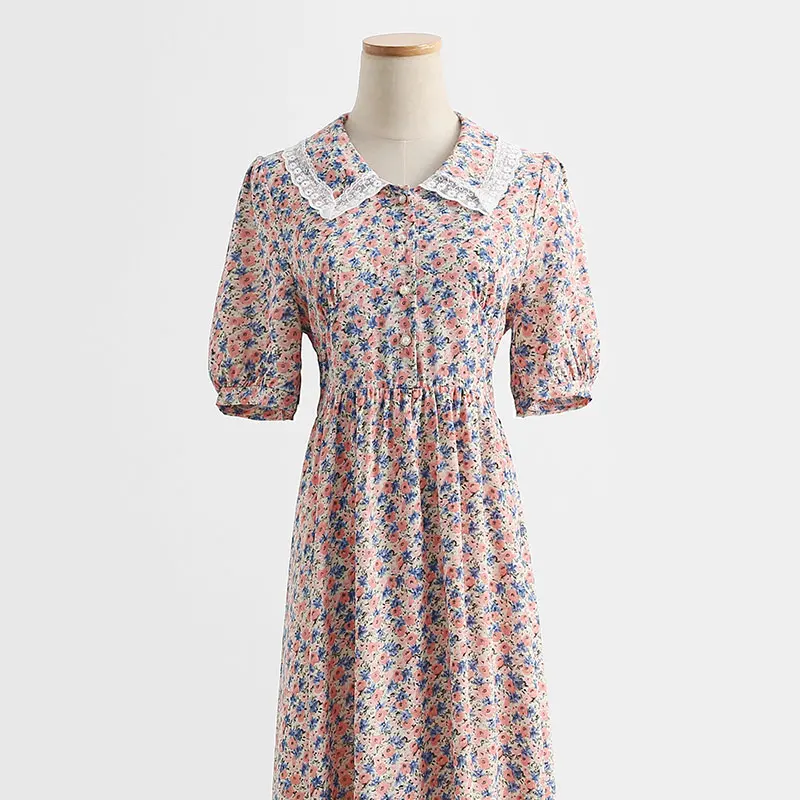 Vestido de talla única para mujer, vestido de gasa con cuello de muñeca con costura de encaje, cintura adelgazante por encima de la rodilla, falda de manga larga floral por debajo de la rodilla