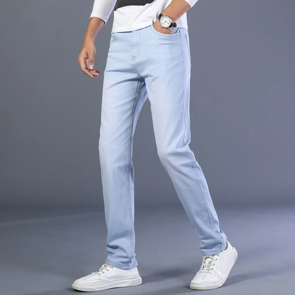 Men's Classic Denim Pants 2024 Fall New Loose Fashion Casual Straight Stretch Jeans High Quality Cotton Sky Blue  Brand Pants