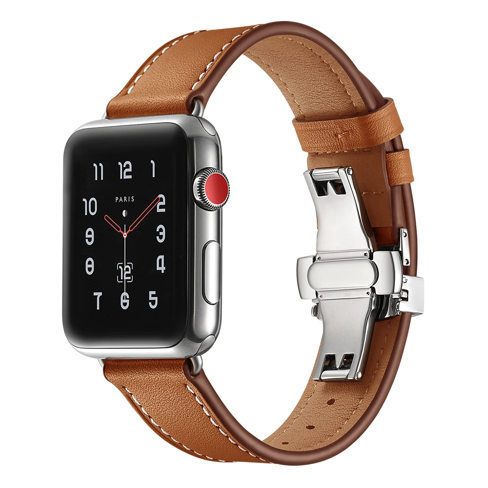 

Straps For Apple watch band 44mm 42mm 40mm 38mm Leather metal Butterfly buckle bracelet watchband iwatch series 7 6 4 3 45 41mm