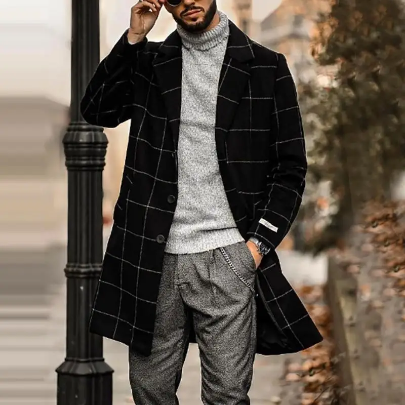 Check Woolen Coat Windbreaker Solid Thickened Plaid Coat Jacket 2021 Custom Made Versatile Men's Slim Fit Long Coat Man Outwear