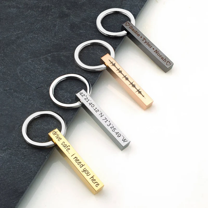 Custom 3D Bar Keychain Stainless Steel Four Side  Coordinates Keyring Personalized Engraved Key Chains Women Men Gift