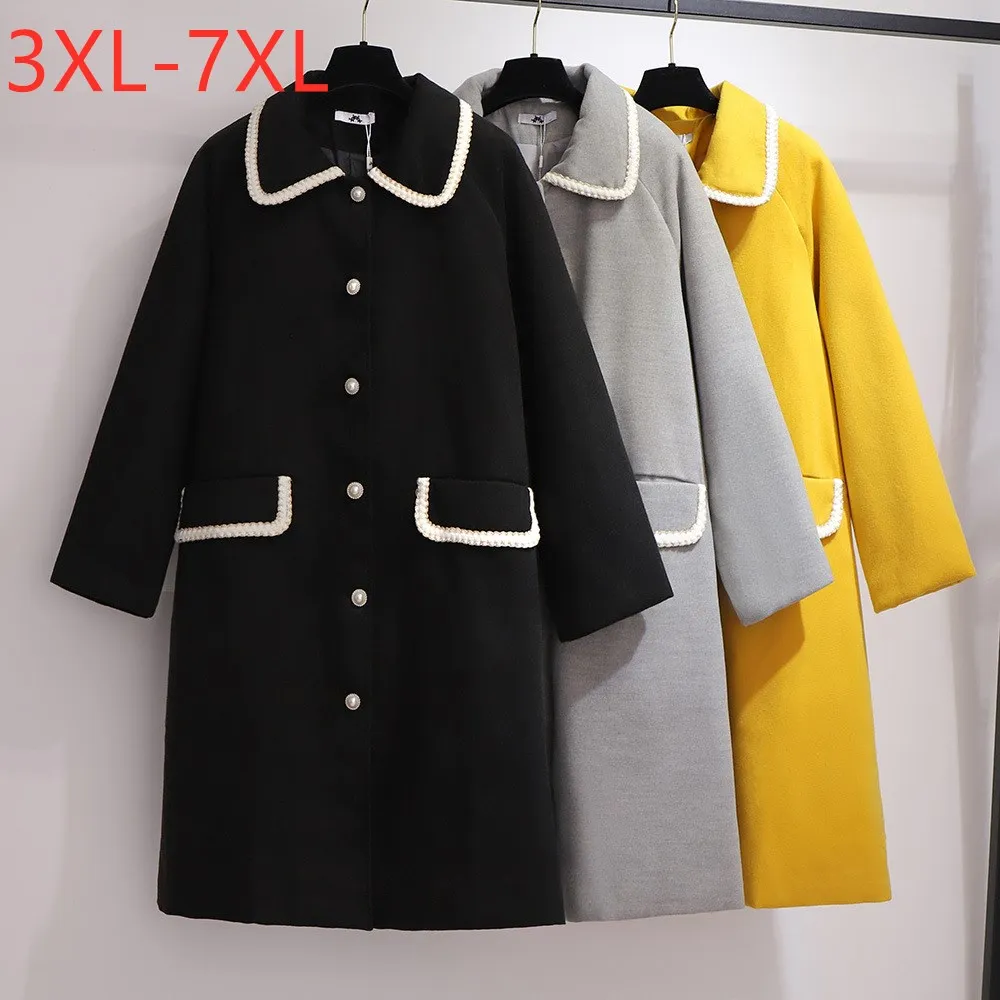 New 2021 Ladies Winter Plus Size Long Overcoat Large Loose Black Pocket Button Windbreaker Woollen Coat 3XL 4XL 5XL 6XL 7XL