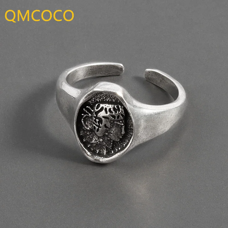 

QMCOCO Silver Color Vintage Thai Silver Female Ring Design Hip-Hop Portrait Relief Index Finger Ring Fashion Personality Gift