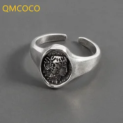 QMCOCO Silver Color Vintage Thai Silver Female Ring Design  Hip-Hop Portrait Relief Index Finger Ring Fashion Personality Gift