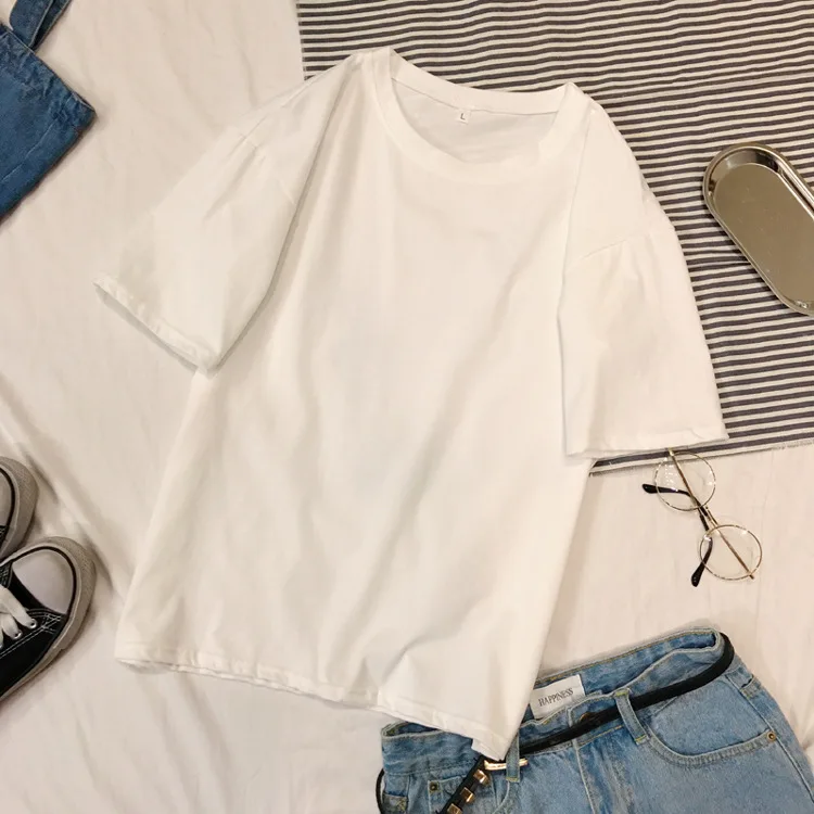 2020 Summer Harajuku Tee Shirt 4 Solid Color Basic T Shirt Women Casual O-neck Friend Top Korean Hipster Streetwear White Tshirt