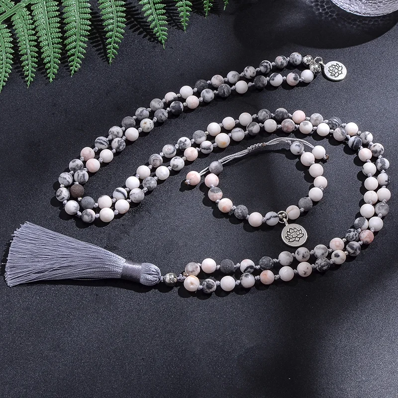 8mm Frosted Pink Zebra Jasper Beaded Knotted Necklace Meditation Yoga Blessing Women Jewelry Set 108 Japamala Rosary Lotus Charm