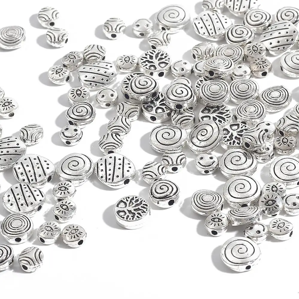 20-50pcs/lot 6-10mm Alloy Flat Round Beads Charms Antique Silver Plated Spacer Beads For DIY Earrings Necklace Jewelry Making