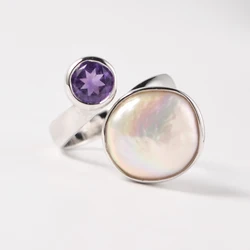 MIQIAO Adjustable Silver Ring Natural Stone Amethyst Pearl Fashion Jewelry 925 Sterling Trendy Wedding Birthday Anniversary Gift