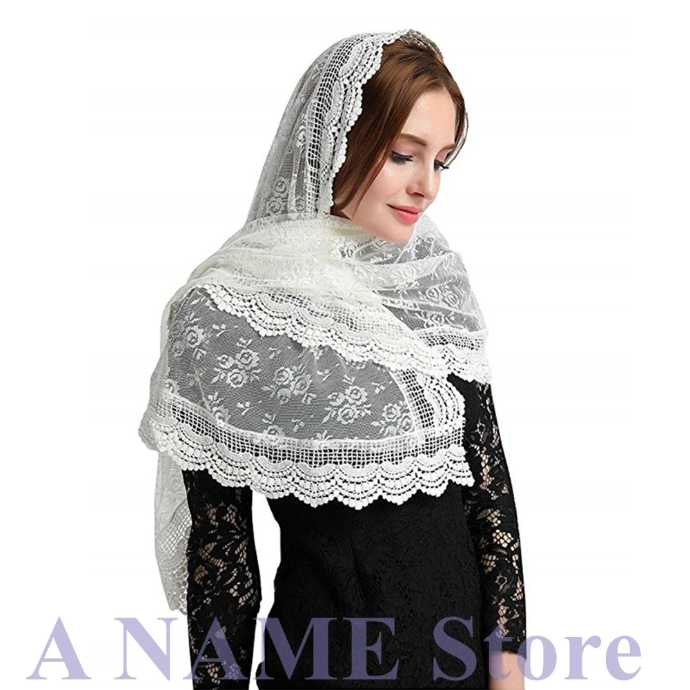 Lungo rettangolo di Pizzo Appliques Veli per la Chiesa Catholique Mantilla Donne Foulard Infinity latino di massa Velo Velo da sposa abiti da sposa Negra