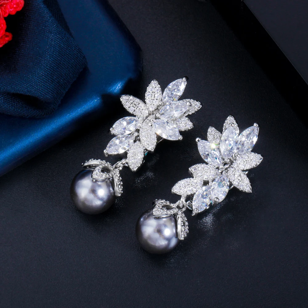 CWWZircons No Hole Design Cubic Zirconia Long Flower Gray Pearl Clip On Women Wedding Party Earrings without Piercing CZ898