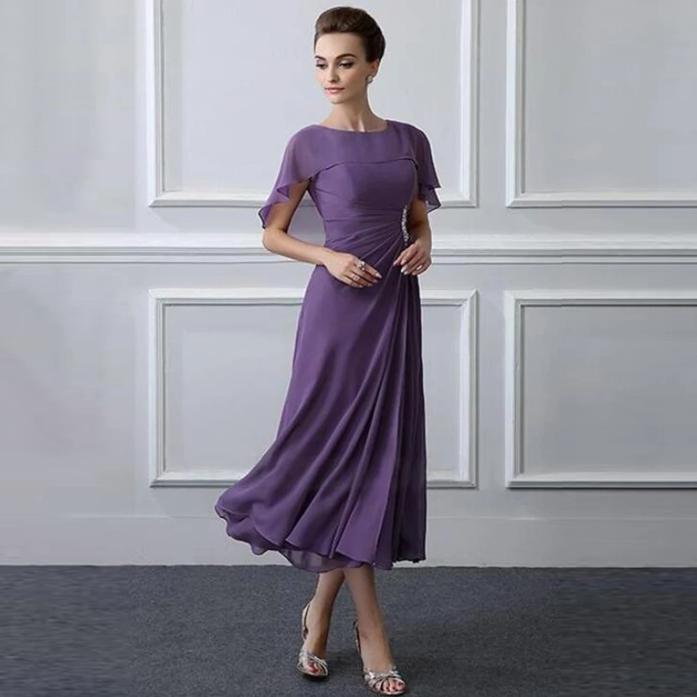 2021 neueste Affordable Lila Tee Länge Chiffon Mutter der Braut Kleider Jewel Ausschnitt Hochzeit der Bräutigam Kleider Perlen