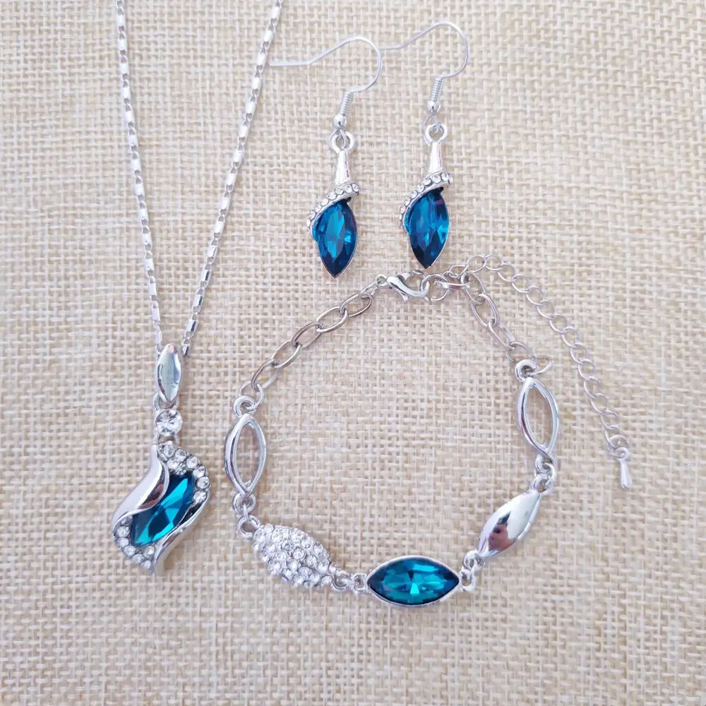 Free Angel Elf Hole Blue Jewelry Set Water Drop Zircon 925 Sterling Silver Color Earrings Necklace Bracelet S022