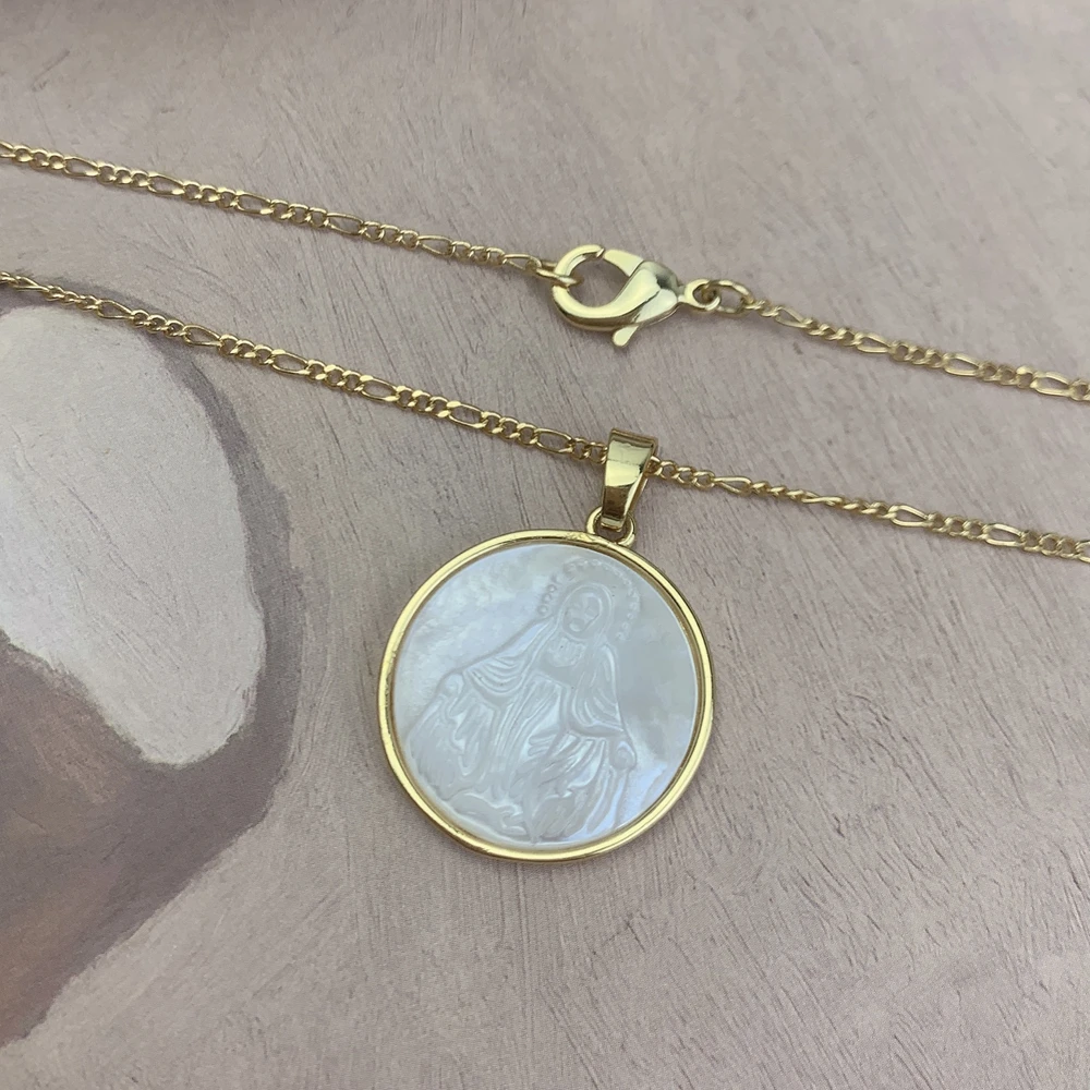 Sacred Holy Bible Cross Saint Benedict Virgin Mary Guadalupe Choker Necklace For Women MOP Pearl Shell Religious Pendant Jewelry