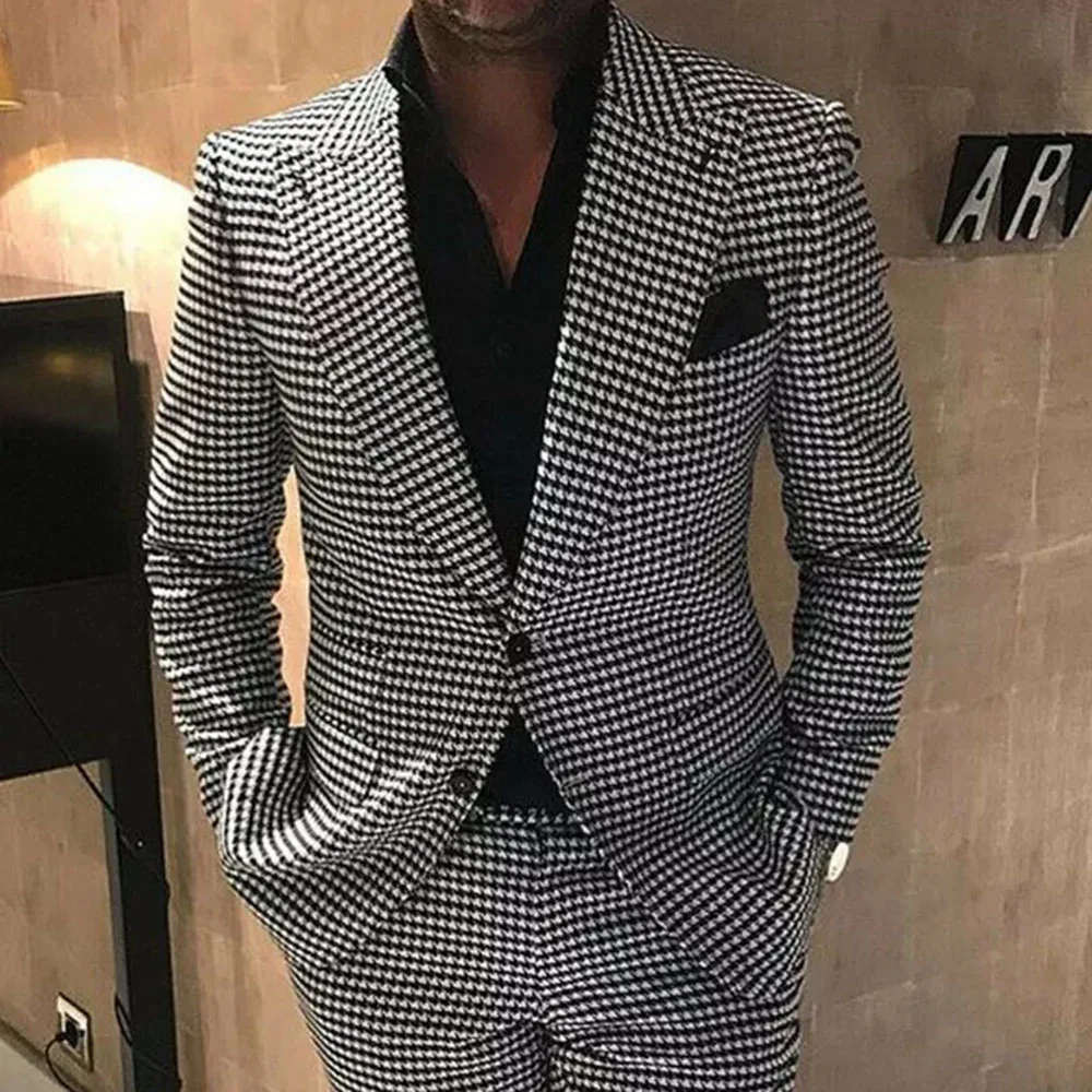 

Houndstooth Men Suits 2 Buttons Jacket With Pants Slim Fit Two Pieces Wedding Groom Wear Business Blazer Formal Tuxedos Terno