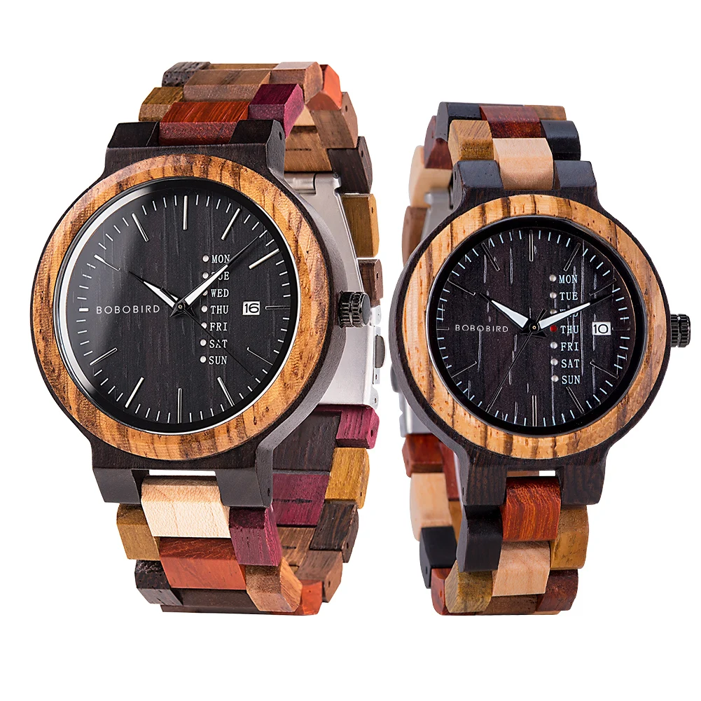 

BOBO BIRD Wood Watch Men Women Quartz Week Date Couple Timepiece Colorful Wooden Band Logo Customize Gift Wholesale Dropship