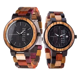 BOBO BIRD-reloj analógico de madera para hombre y mujer, accesorio de pulsera de cuarzo resistente al agua con calendario, complemento deportivo de marca de lujo con diseño colorido y logotipo personalizado para regalo