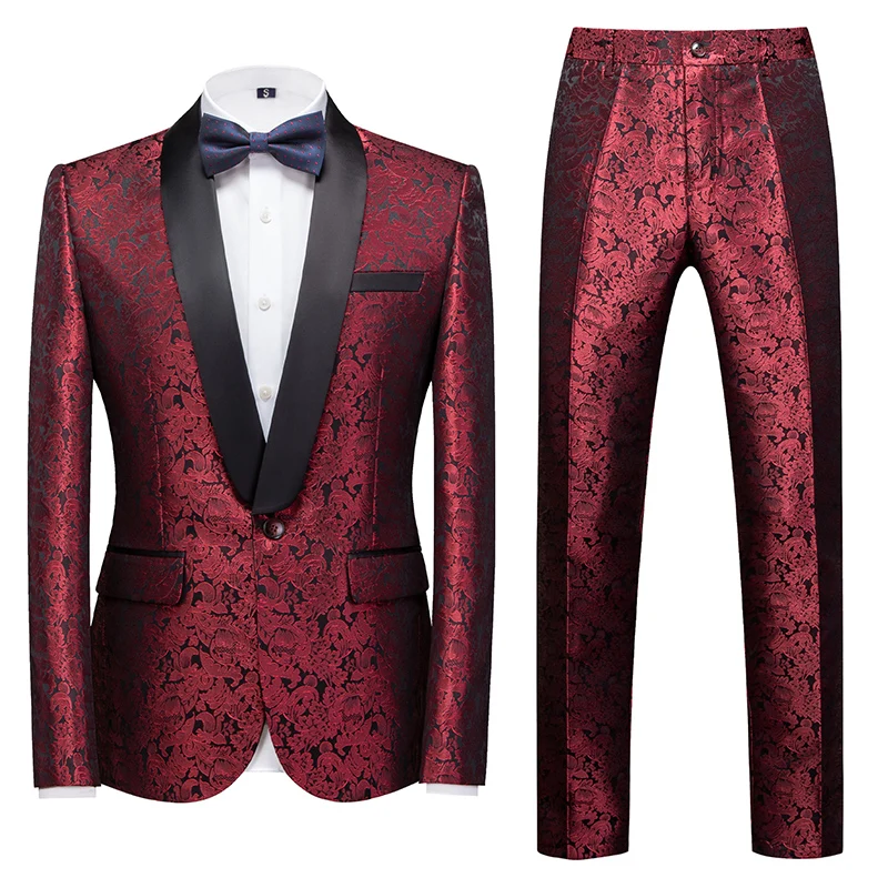 Nice Spring Autumn Pop Men's Casual Business Boutique Flower Print Suit Two Piece Set / Men's Blazers Coat Jacket Pants Trousers