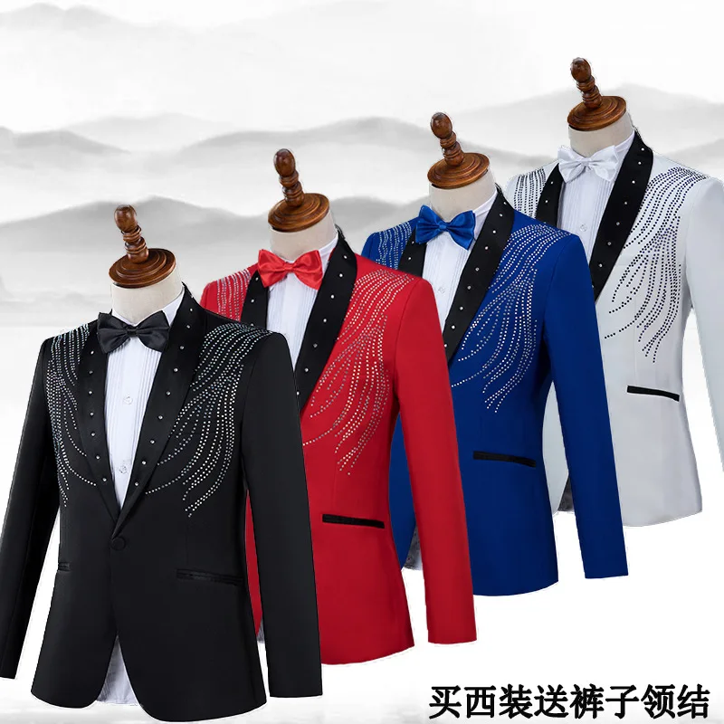 Stylish Crystal Embroidery White Suit Men Patchwork Shawl Collar One Button Suits Pants Men Wedding Party Tuxedo Costume Homme