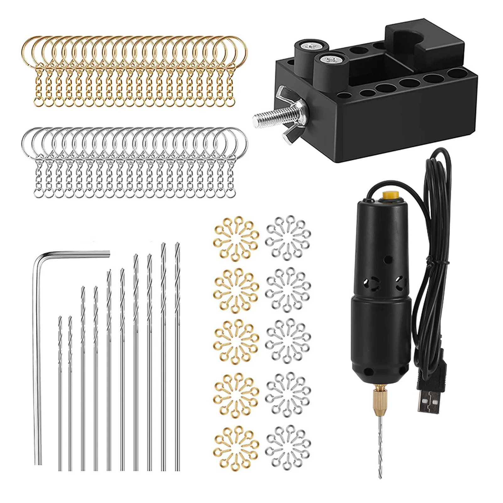 

10pcs Electric Mini Drill Set with 100pcs Screw Eye Pins 40pcs Key Rings for Jewelry DIY Resin Aluminum Crafting Drill Bits