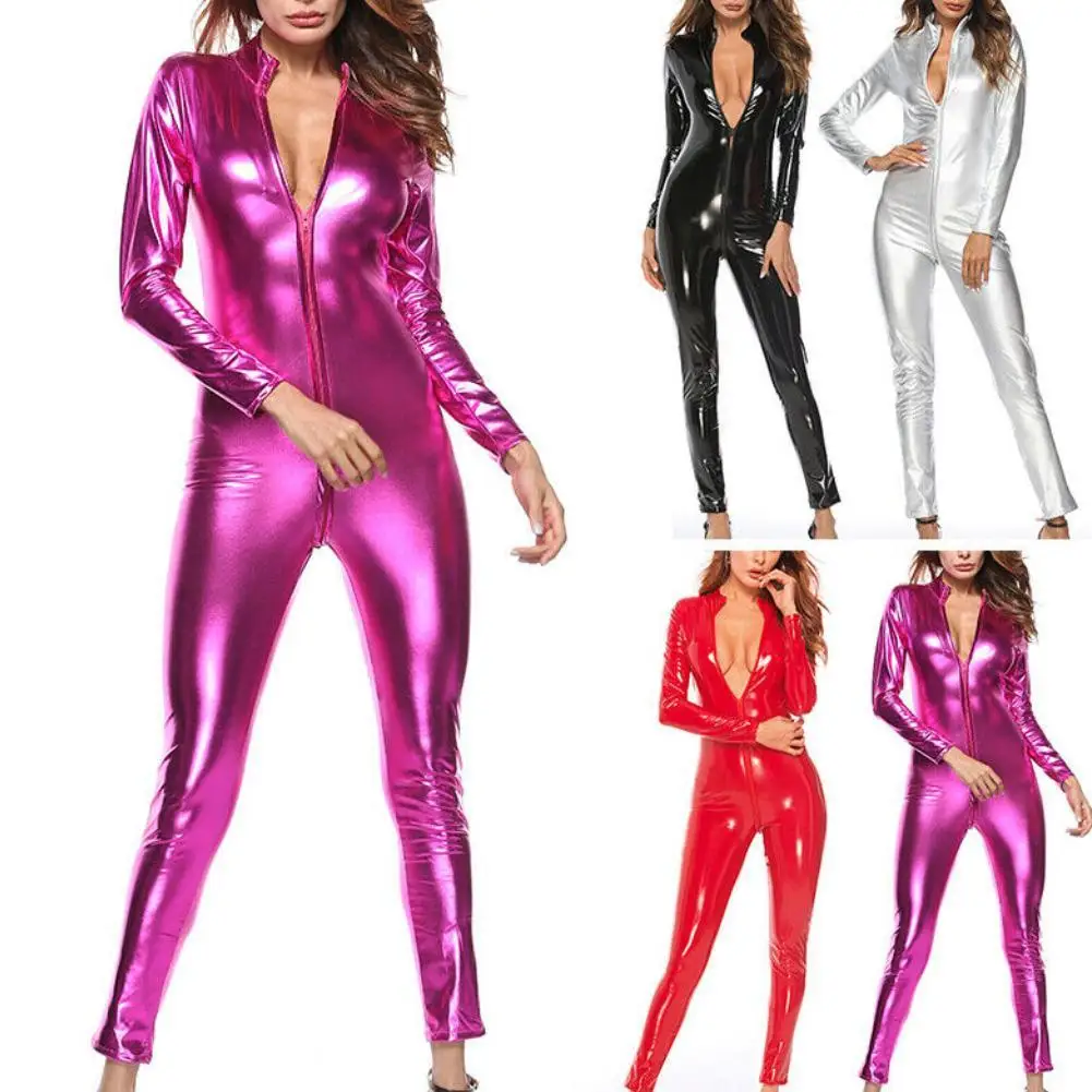 Gợi Tình Sexy Quyến Rũ Nữ Giả Da Catsuit Cao Su Bodysuit Dây Kéo Trước Mở Đáy Quần Áo Liền Quần Co Giãn Bodystocking Chặt Quần Lót