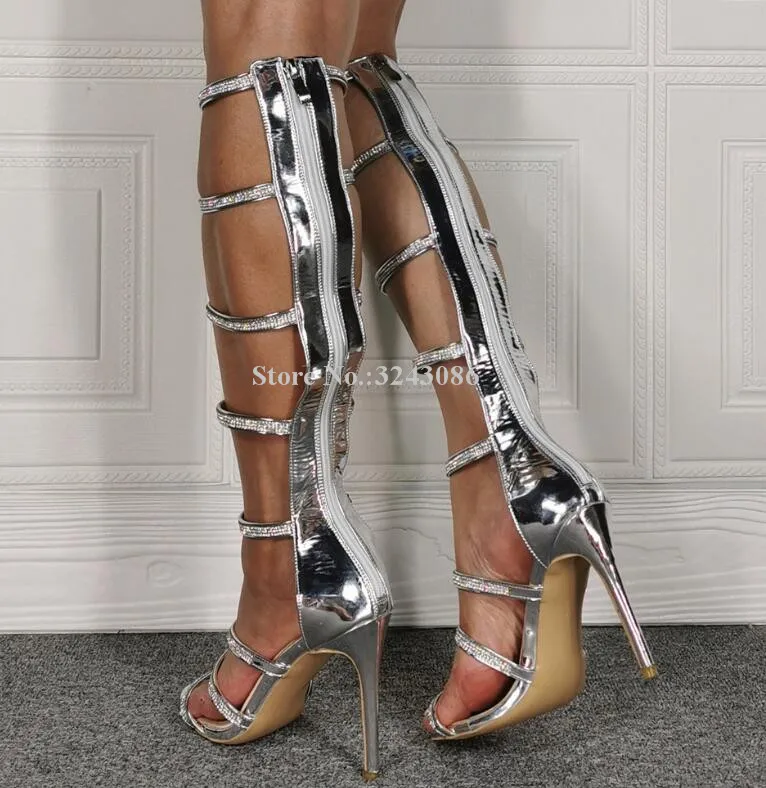 Lady New Crystal Knee High Sandals Boots Fashion Silver Color Rhinestone Stiletto Heel Sandals Long Boots Women Real Photos Heel