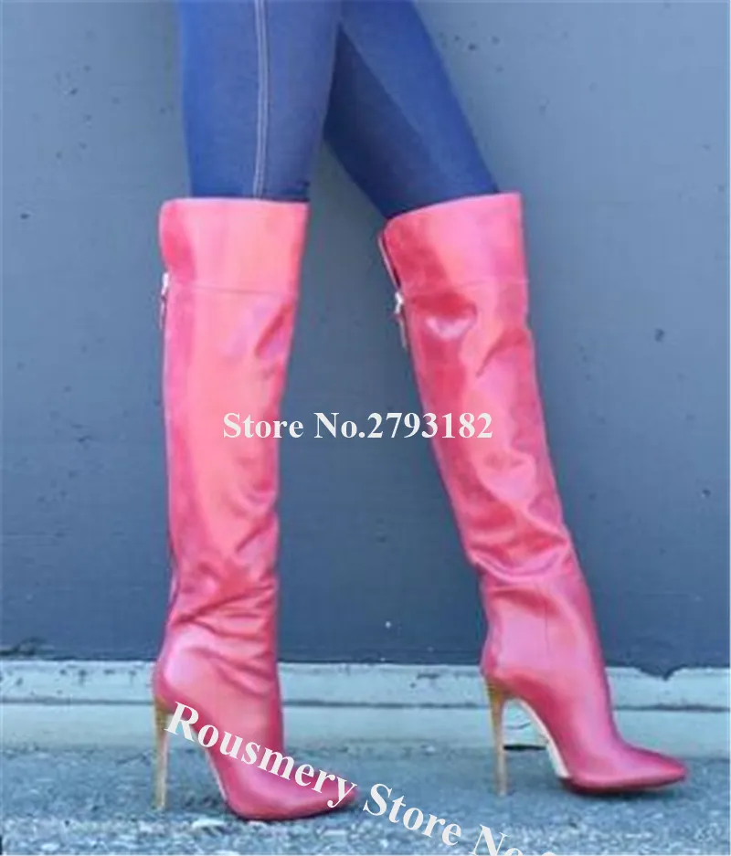 

Rousmery Fashion Pointed Toe Rose Red Black Leather Stiletto Heel Over Knee Boots Zipper-up Long High Heel Boots Formal Shoes