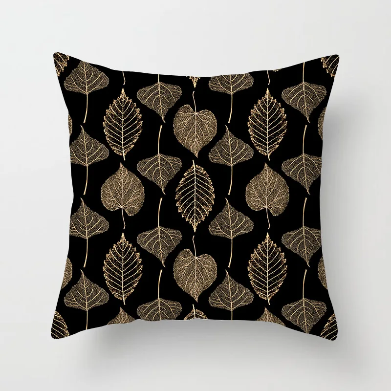 Modern Geometric Gold Black Cushion Cover Gold Plant Leaves Print Simple Black Pillowcase Sofa Car Seat Decorative Throw Pillows