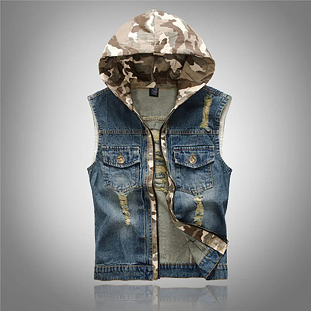 

Men's Holes Blue Denim Vest Jacket with Detachable Hat Casual Denim Vests Men Retro Camouflage Slim Fit Jeans Tank Top Plus Size