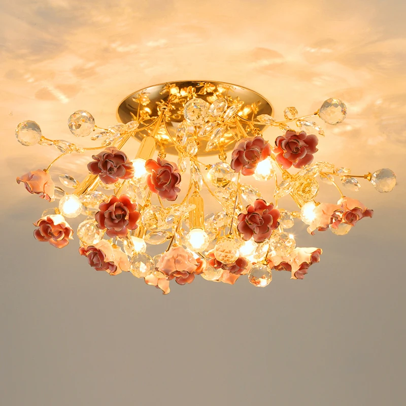 

Bedroom Ceiling Lamps Round Ceramic Flower Crystal Ceiling Light For Home Nordic Luxury Living Room Modern Flush Mounted Dining