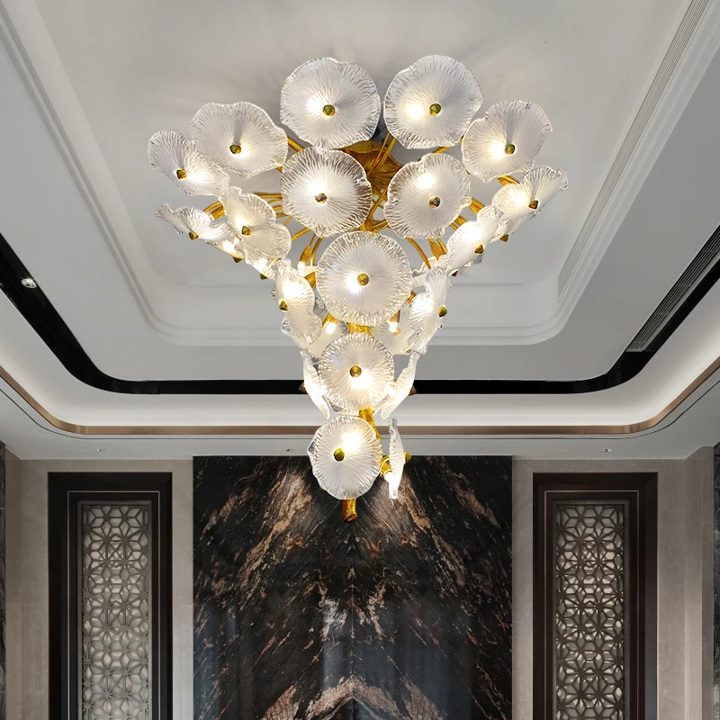 Luxury living room, chandelier, revolving staircase, duplex building, villa, high lotus leaf lamp, copper ceiling lamp