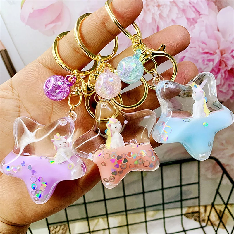 Cartoon Cute Unicorn Keychain Milk Tea Cup Liquid Quicksand Sequin Keyring Charm Bag Car Pendant Key Chain for Women Men Kids