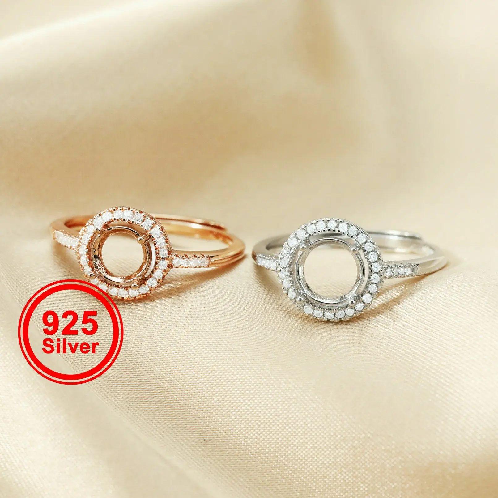 

6-10MM round rose gold silver Gems CZ stone prong bezel solid 925 sterling silver adjustable ring settings 1210031