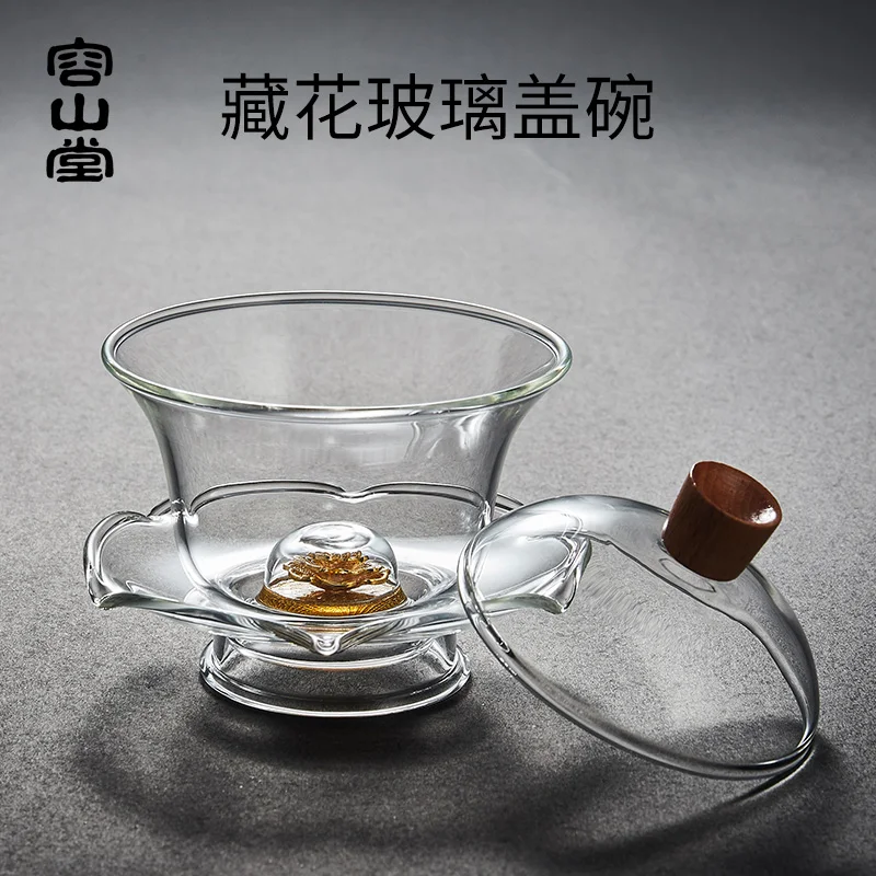 

|crystal glass cover bowl single Sancai tea bowl large thickened heat resistant kungfu tea set tea cup wooden cover