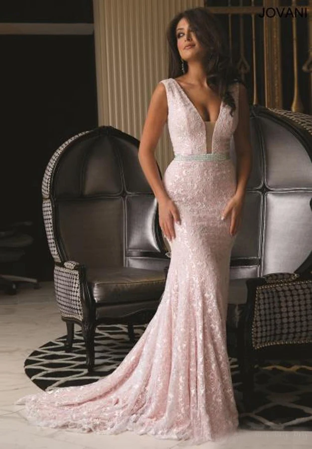 Vestido de novia largo de sirena con cuello en V profundo, ropa Formal de encaje rosa, tren de barrido de cuentas, vestido de novia para dama de honor, Sexy, 2018