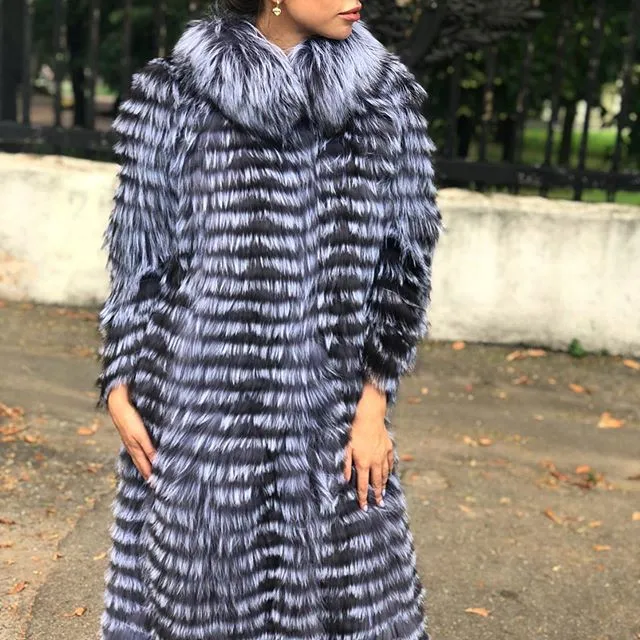 Women's Striped Real Silver Fox Fur Coat, Long Cardigen with Wool Lining, Big Size Clothes, Elegant Outwear, Spring, Lux18A09164