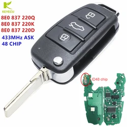 KEYECU Replacement 3 Button Flip Remote Key 433MHz ID48 Chip for AUDI A2 A4 S4 Cabrio Quattro Avant 2005-2008 8E0 837 220 Q/K/D