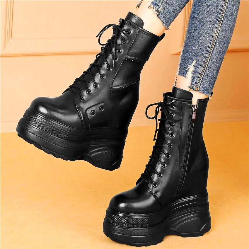 Huge High Heel Platform Ankle Boots Women Genuine Leather Round Toe Creepers Thick Sole Oxfords Party Pumps Punk Goth