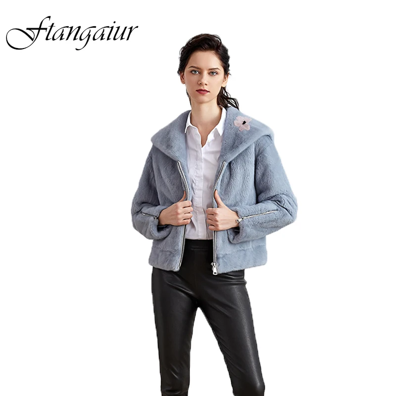 Ftangaiur Winter Import Velvet Mink Coat Print Flower Sailor Suit Style Mink Coat Women Short Real Natural Mink Fur Coats