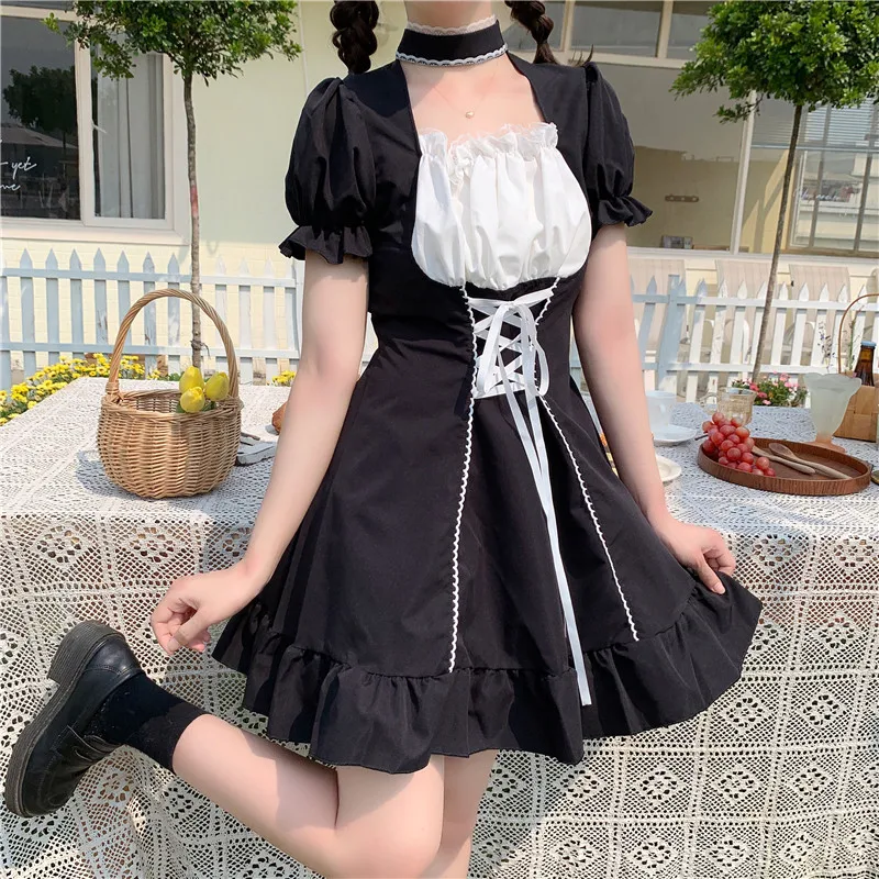 Women's Maid Dress Kawaii Lolita Outfit French Milkmaid Costume Cosplay Bandage Sexy Waitress Dress Puff Sleeve Uniform