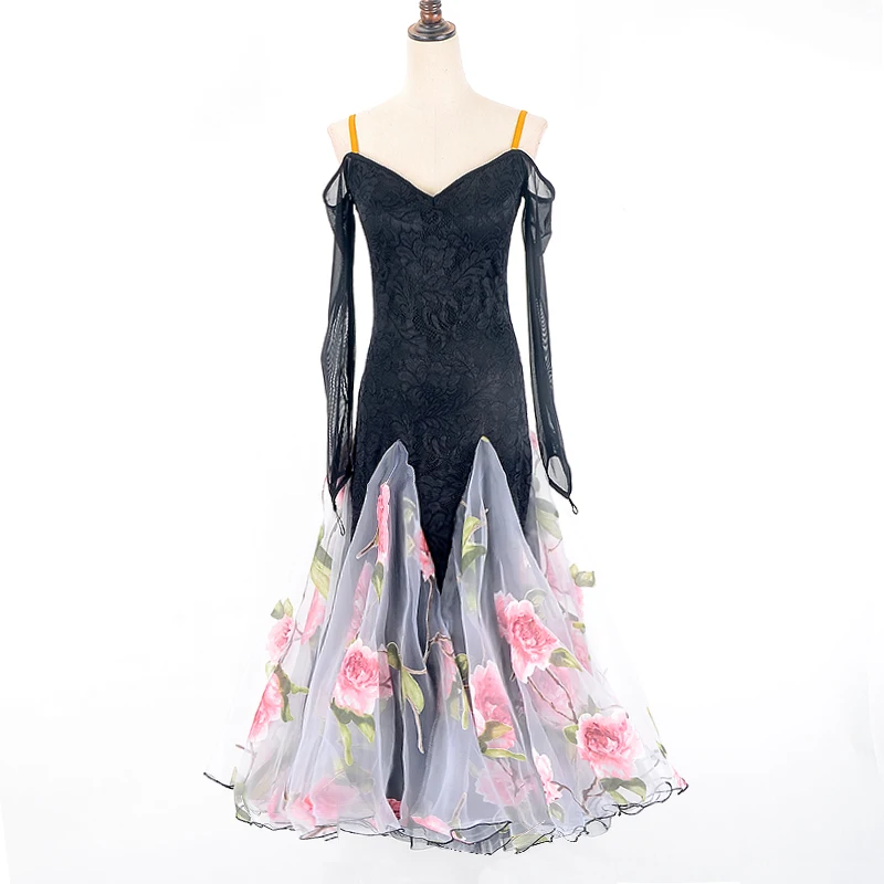 Vestido de salón de baile estándar, traje de Drag Queen, encaje negro, bordado de flores, falda de gasa, flamenco, Tango, Vals, 2020