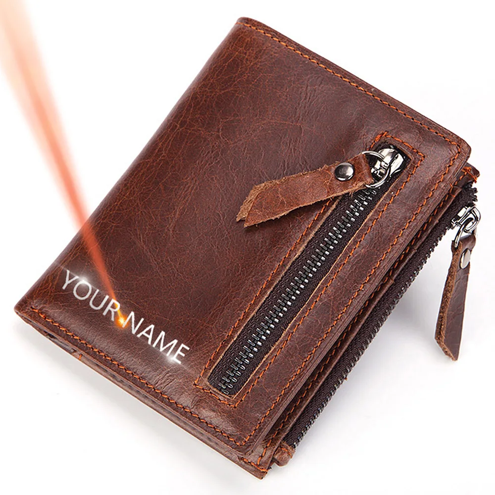 Leather Men Wallets Free Name Engraving 100% Genuine Cow Leather Short Card Holder Men Purse Double Zipper Male Wallet