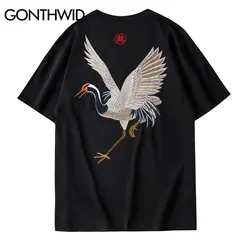 GONTHWID Harajuku Embroidery Crane Tees Shirts Mens 2024 Hip Hop Streetwear Tshirts Summer Fashion Casual Short Sleeve Tops Male