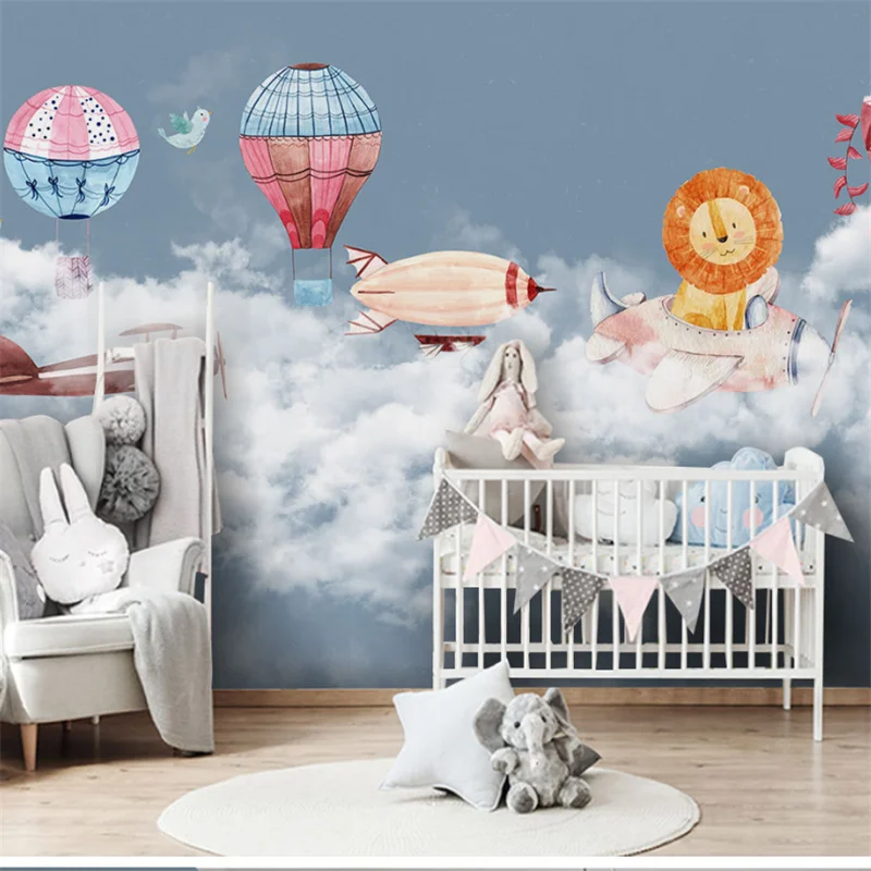 wellyu Custom mural modern Nordic minimalist hand-painted hot air balloon airplane bedroom cartoon children's room wallpaper