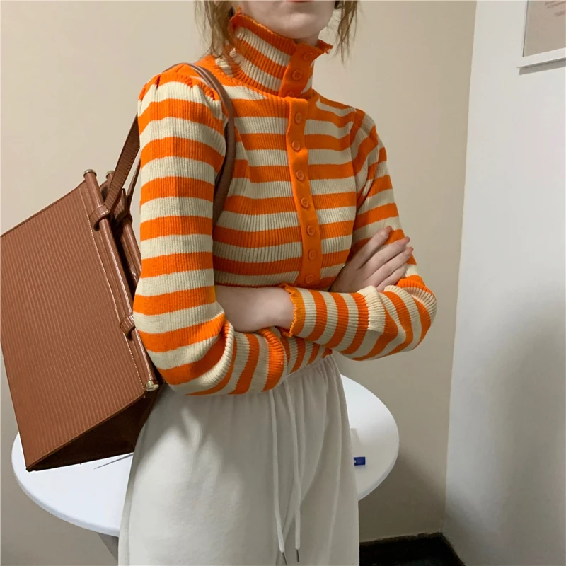 Turtleneck Sweater Women Striped Orange Single Breasted Korean Style Simple Chic Students Young Ladies All-match Daily Slim Tops