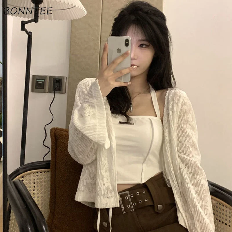 Blouses Women Solid Tops Sun-proof All-match Daily Sweet Mesh Open Stitch Cozy Crop Quality Soft Lace Mujer Design Streetwear