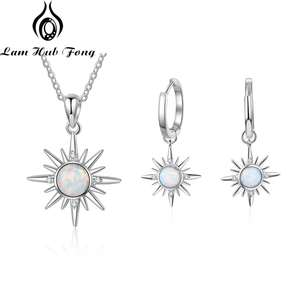 Silver Color Fashion Jewelry Sets with Simulated White Opal Stone Sun Pendant Necklaces & Hoop Earrings 2021 Trend for Women