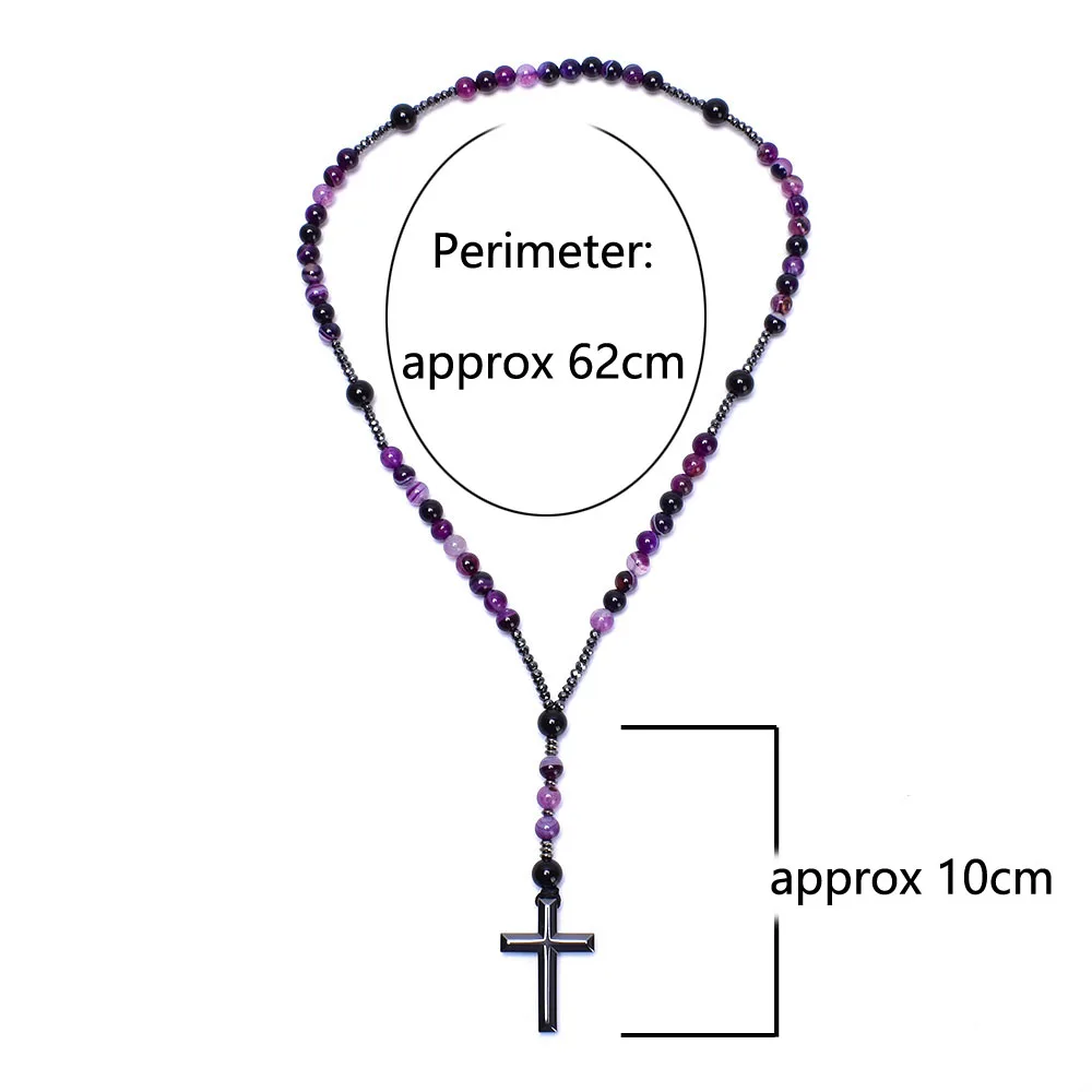 8mm Purple Lace Agate Catholic Christ Rosary Necklaces for Women Hematite Cross Pendant Mala Jewelry Gift Wholesale Dropship